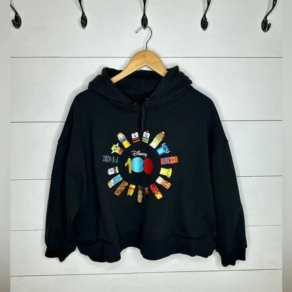 Disney 100 Womens 2XL Hoodie Black Graphic Sweatshirt Anniversary Characters - Picture 1 of 8